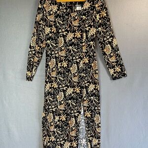 VTG Elisse Black Floral Midi Dress Long Sleeve Sz 5/6 Halloween Costume Witchy